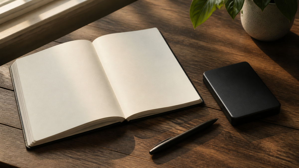 An unmarked open notebook and an external drive on a wooden desk