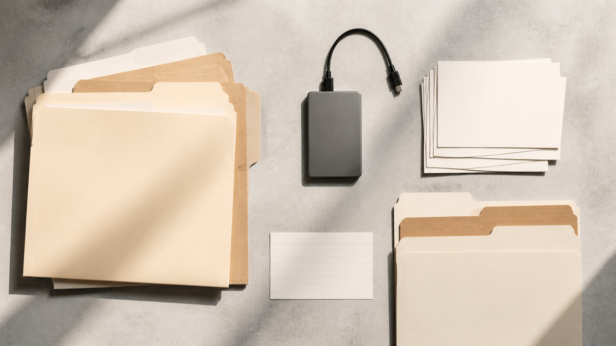 Blank physical file folders and index cards arranged neatly on a table